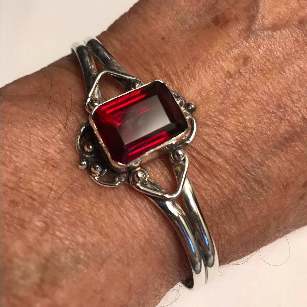 Garnet Stamped 925 Sterling Silver Cuff Bracelet